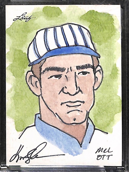 Hand-Drawn Lot of (2) Leaf 1/1 Artist Proof Original Sketch Cards of Babe Ruth and Mel Ott