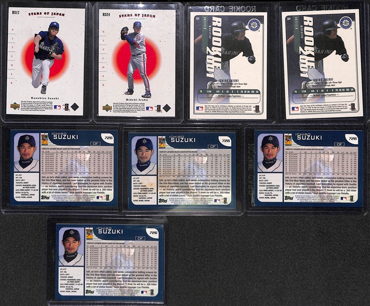 Lot of (8) Ichiro 2001 Rookie Cards - 4 Topps, 2 UD Victory, 2 SP Authentic Stars of Japan