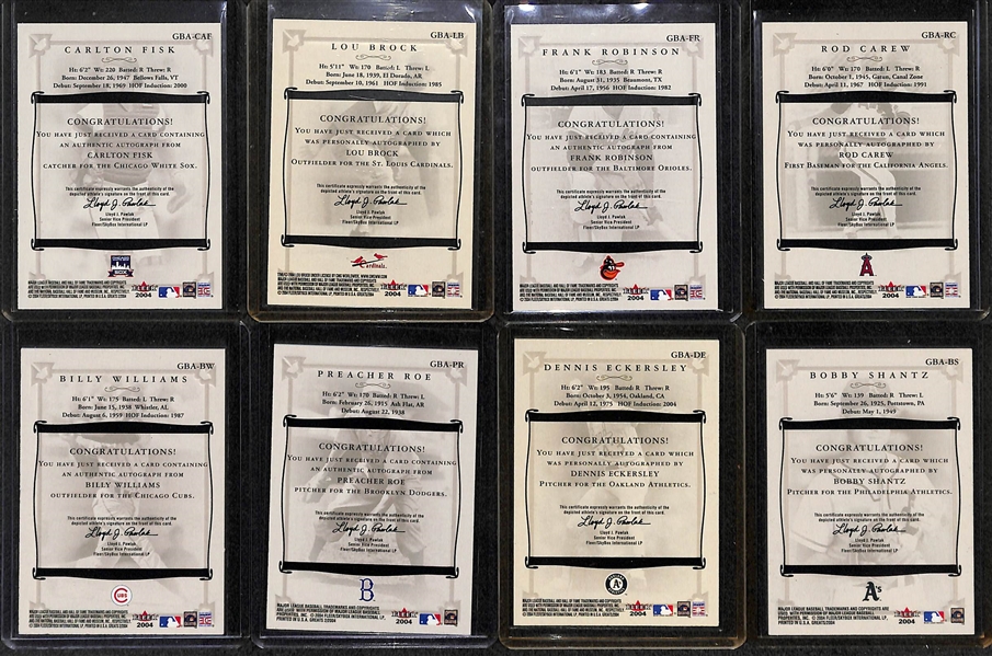 Lot Of 12 2004 Fleer Greats Autograph Cards w. Fisk & Brock