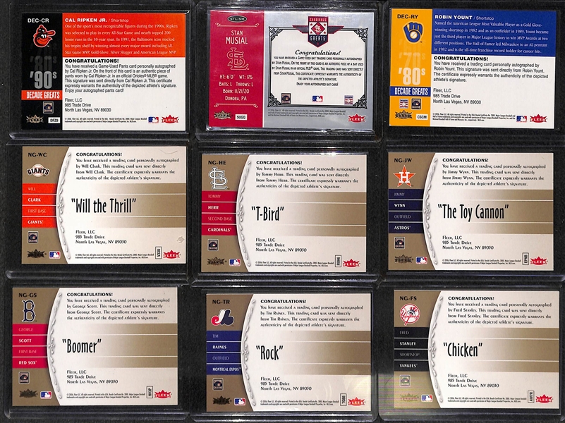 Lot Of 9 2006 Fleer Greats Autograph Cards w. Ripken & Musial 