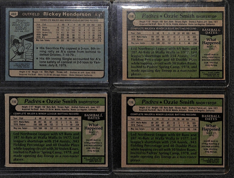 Rickey Henderson 1980 Rookie and (3) Ozzie Smith 1979 Rookies