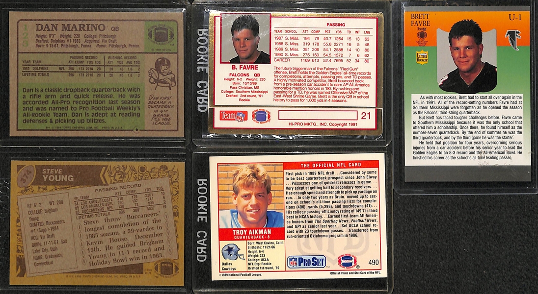 Lot of (9) Football HOF Quarterback Rookies w/ Marino, (2) Favre, Steve Young, (5) Aikman