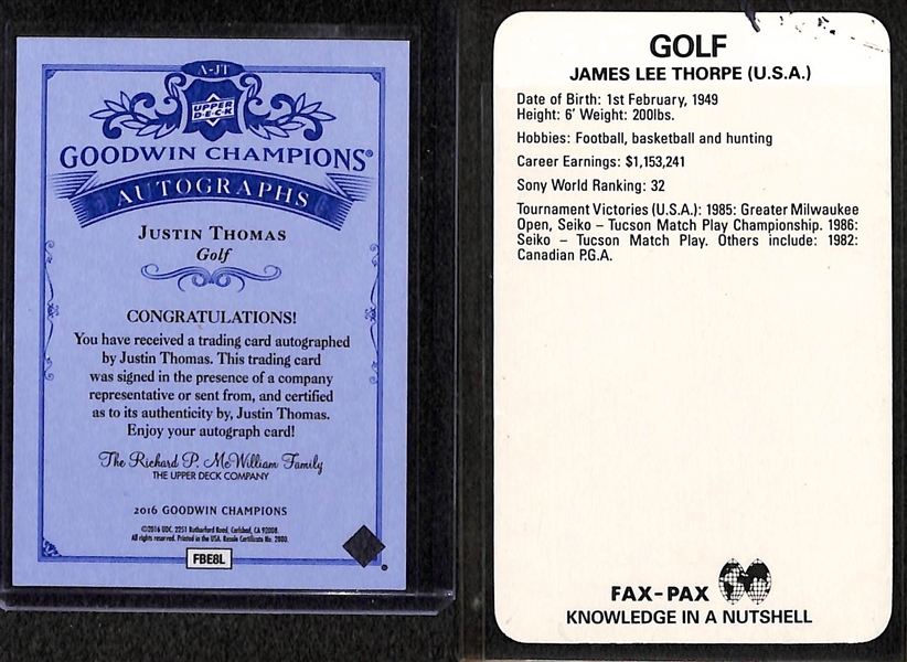 (2) Gold Cards - Justin Thomas 2016 Goodwin Champions Autograph and Jim Thorpe (Golfer) Signed Card