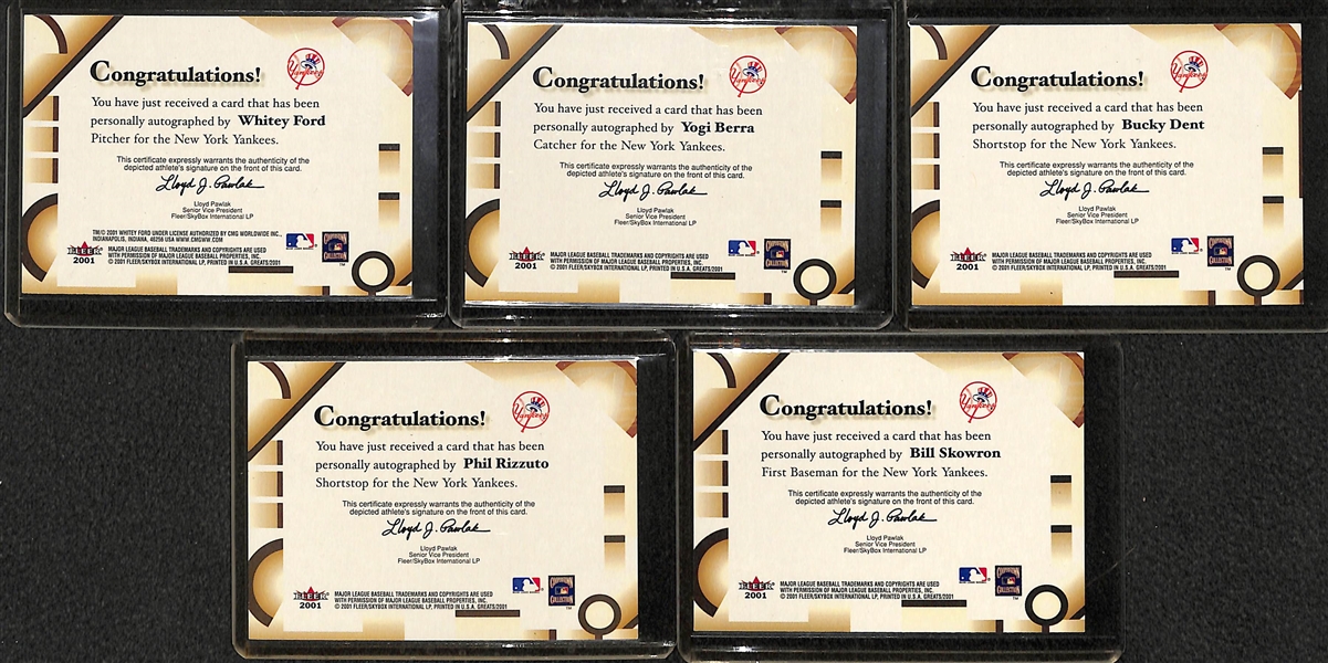 Lot Of 5 Yankees Fleer Greats Autograph Cards w. Berra & Ford