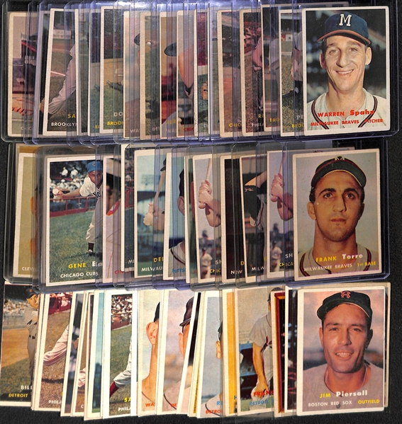 Lot of 60+ Assorted 1957 Topps Baseball Cards w. Warren Spahn
