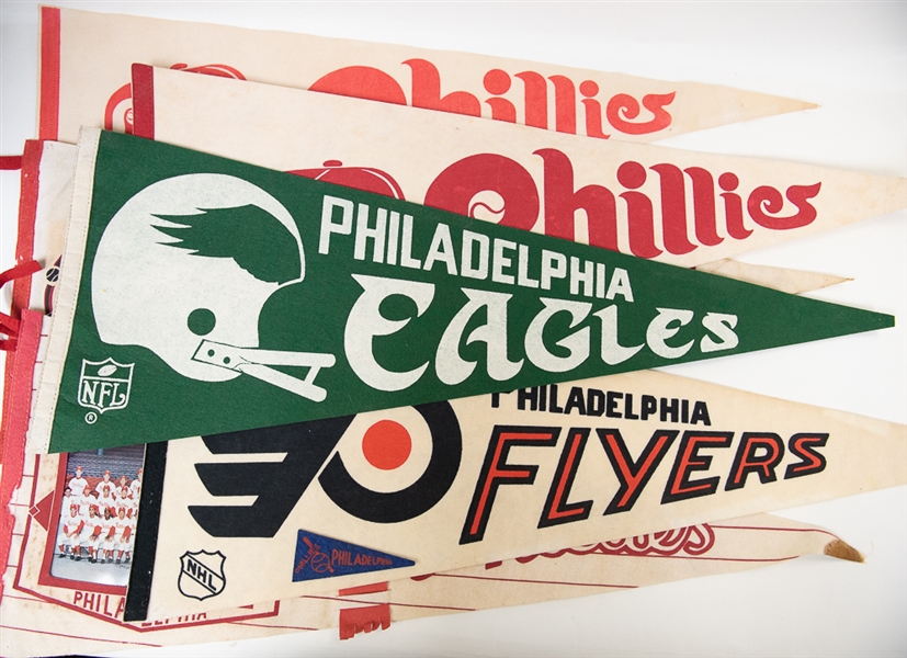 Lot of (7) Vintage Sports Pennants (Inc. 1950s Nut & Chocolate Phillies Mini, 1962 Phillies w/ Photo, 1963 Phillies w/ Photo, + more!)