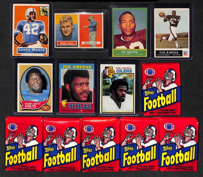 Lot of 15 Topps Football Cards from 1956-1979 & 6 Sealed 1982 Football Packs w. 1956 Lenny Moore RC