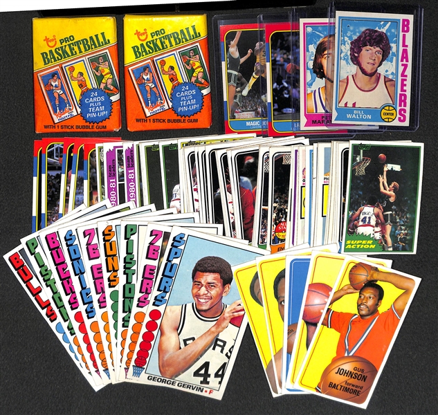 Lot of 2 Sealed 1980-1981 Topps Basketball Packs, and 70 Topps & Fleer Basketball Cards from 1974-74 & 1986-87