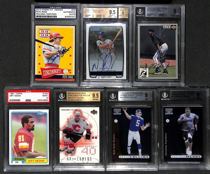 Lot Of 7 Graded Cards w. Pete Rose Autograph & Art Monk RC