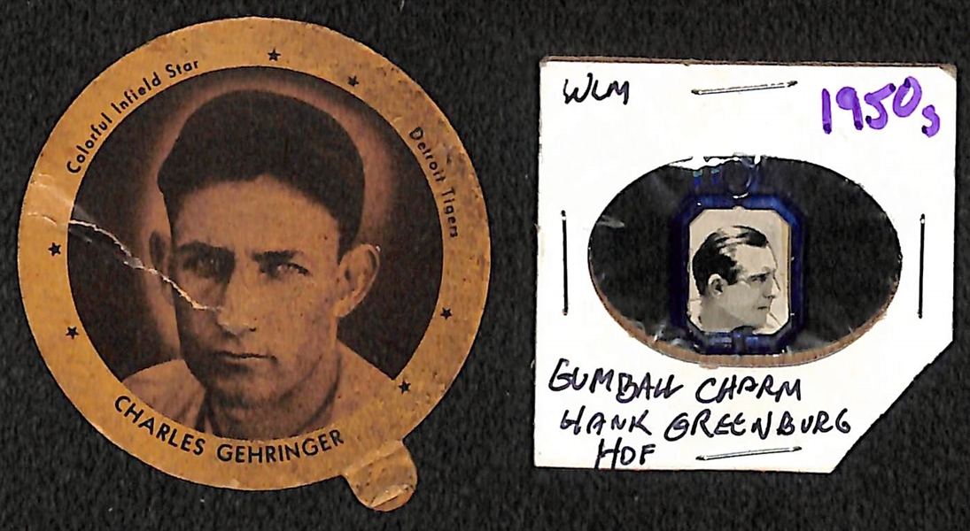 Vintage HOF Baseball Lot - 1937 Charles Gehringer Dixie Lid and 1950s Hank Greenberg Gumball Charm