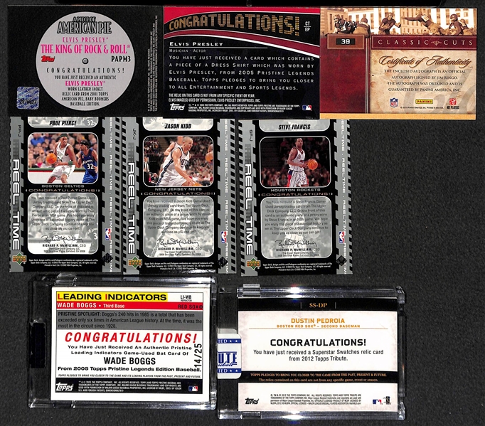 Lot Of 38 Mixed Sports Autos/Relics/Numbered Cards w. Elvis Relic & Jim Ringo Cut