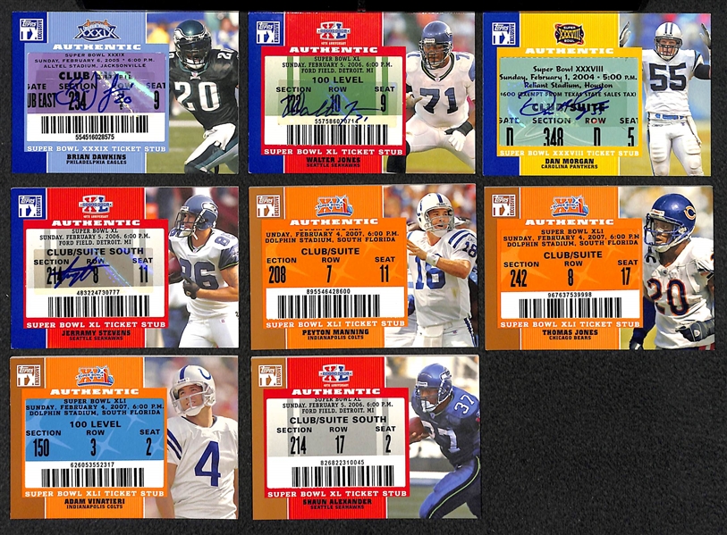 Lot Of 8 Super Bowl Ticket Stub Relic Cards w. Brian Dawkins Autograph 