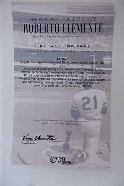 July 24, 1970 Roberto Clemente Night Presentational Plaque Presented to Clemente During Roberto Clemente Night at Three Rivers Stadium From the Youth of Arecibo, Puerto Rico. (Came Direct from...