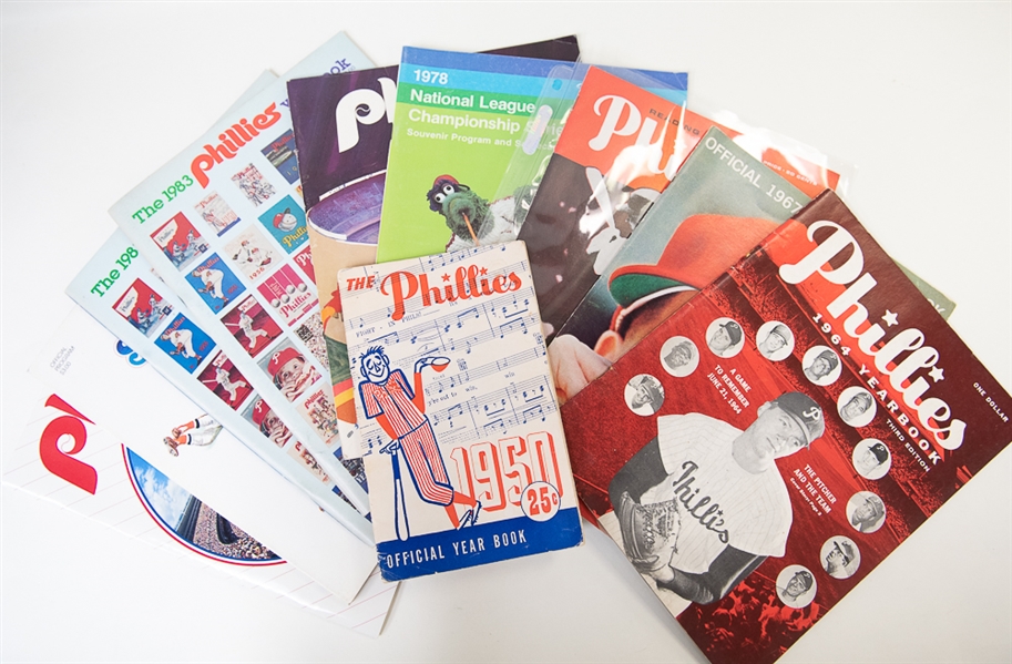 Lot of (10) Phillies Yearbooks and Score Books Including 1950 Phillies Wiz Kids Yearbook!