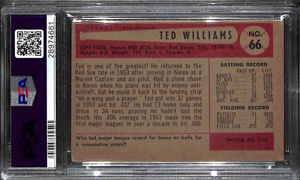 1954 Bowman Ted Williams Card (#66) Graded PSA 4 (VG-EX)