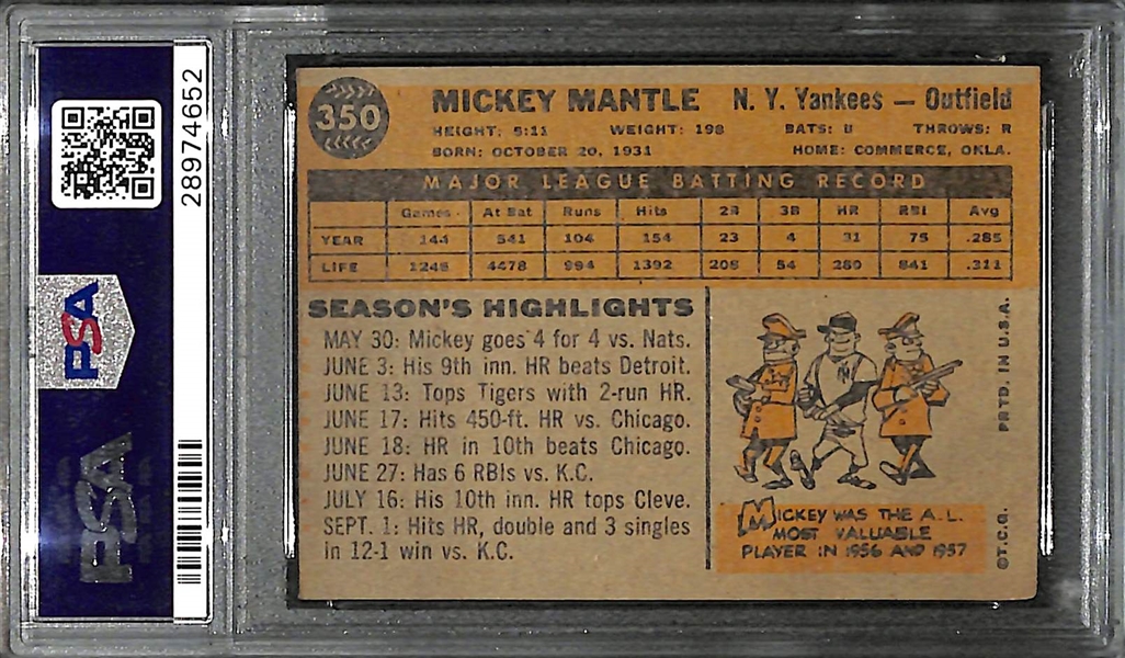 1960 Topps  Mickey Mantle #350 Graded PSA 3 VG - Looks Better Than Grade!