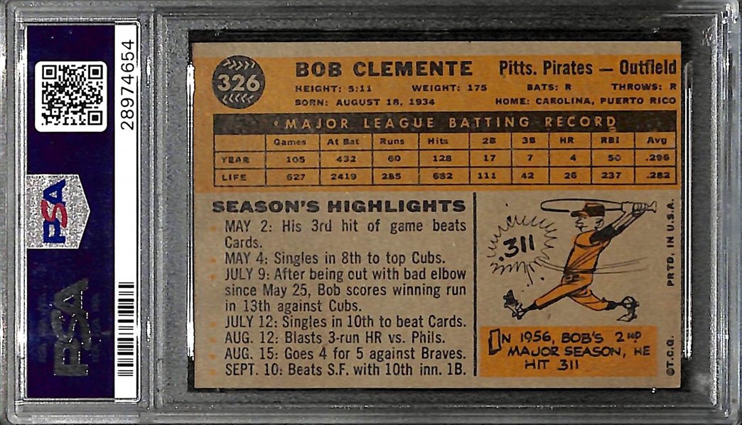 1960 Topps  Roberto Clemente #326 Graded PSA 6 EX-Mint 