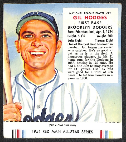 Lot of (4) 1954 Red Man Tobacco Cards (w/ Tabs) Inc. Mays and Hodges 