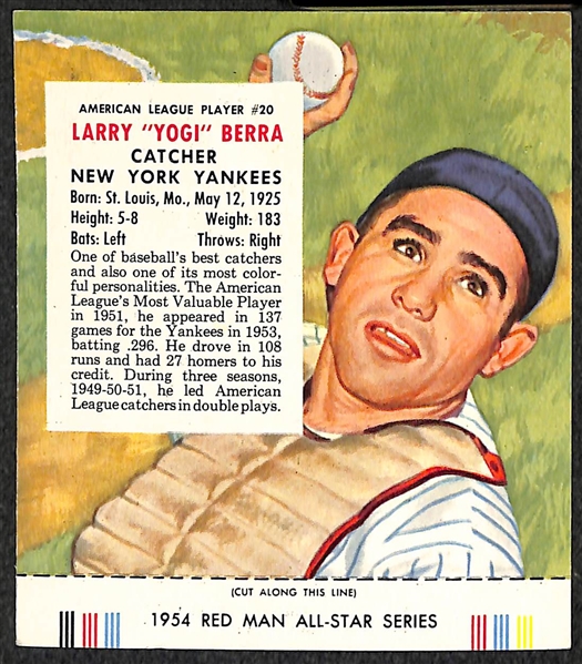 Lot of (5) 1954 Red Man Tobacco Cards (w/ Tabs) Inc. Berra, Snider, Mathews, Rizzuto, and Bauer
