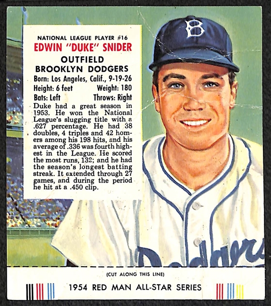 Lot of (5) 1954 Red Man Tobacco Cards (w/ Tabs) Inc. Berra, Snider, Mathews, Rizzuto, and Bauer