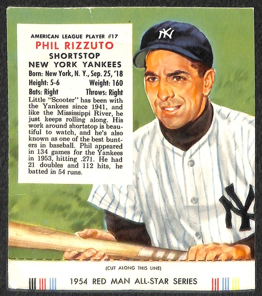 Lot of (5) 1954 Red Man Tobacco Cards (w/ Tabs) Inc. Berra, Snider, Mathews, Rizzuto, and Bauer