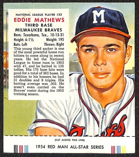 Lot of (5) 1954 Red Man Tobacco Cards (w/ Tabs) Inc. Berra, Snider, Mathews, Rizzuto, and Bauer