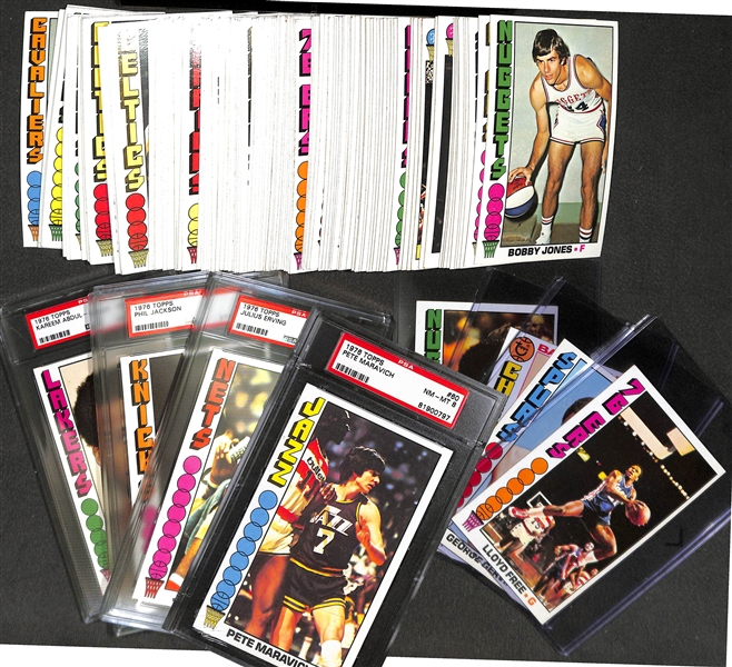 1976-77 Topps Basketball Complete Set with 4 PSA Graded Cards (#60 Maravich PSA 8; #1 Erving PSA 8; #77 Phil Jackson PSA 7; #100 Jabbar PSA 8)