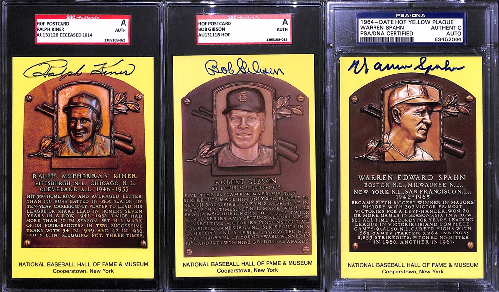 Lot of 3 - Hall of Fame Autographed Plaque Cards - Kiner, Gibson, Spahn - SGC & PSA/DNA