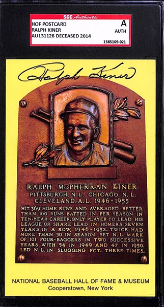 Lot of 3 - Hall of Fame Autographed Plaque Cards - Kiner, Gibson, Spahn - SGC & PSA/DNA