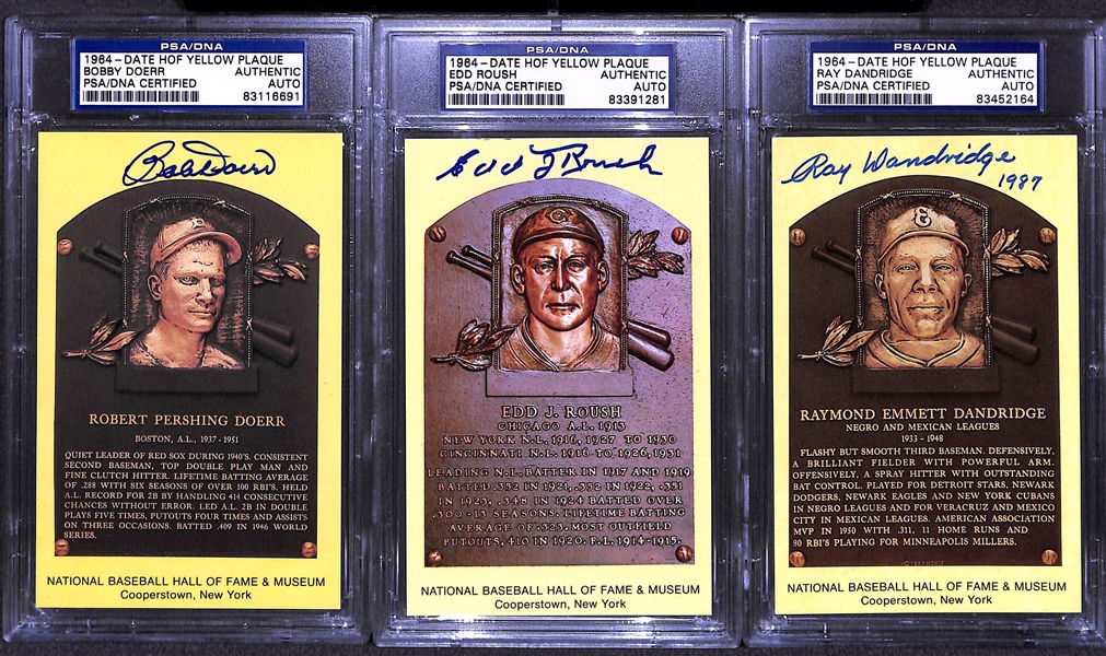 Lot of 3 - Hall of Fame Autographed Plaque Cards - Doerr, Roush, Dandridge - PSA/DNA