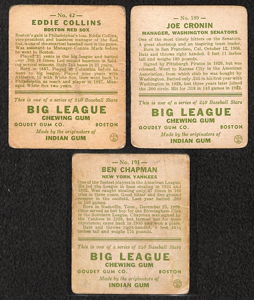 Lot of 3 - 1933 Goudy Baseball Cards w. Eddie Collins