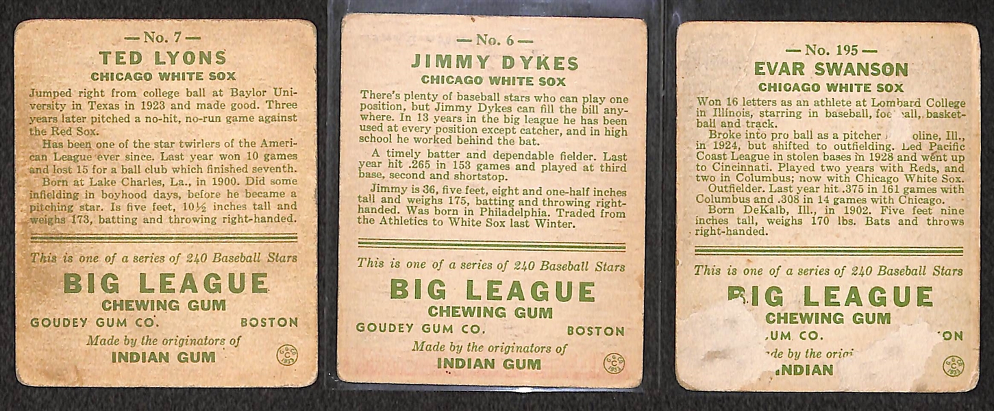 Lot of 3 - 1933 Goudy Baseball Cards w. Ted Lyons, Jimmy Dykes, Evar Swanson 