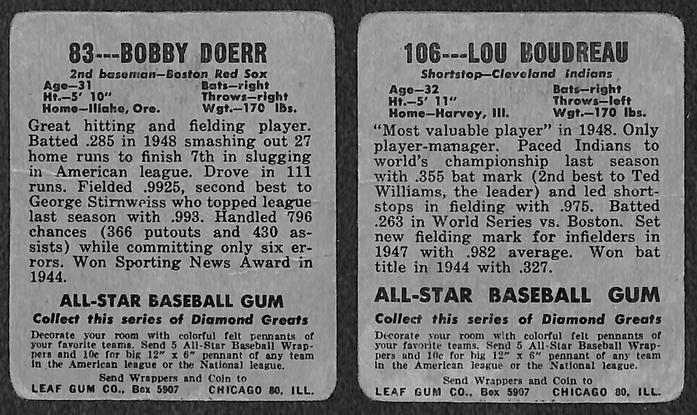 Lot of 2 - 1949 Leaf Baseball Cards - Bobby Doerr & Lou Boudreau