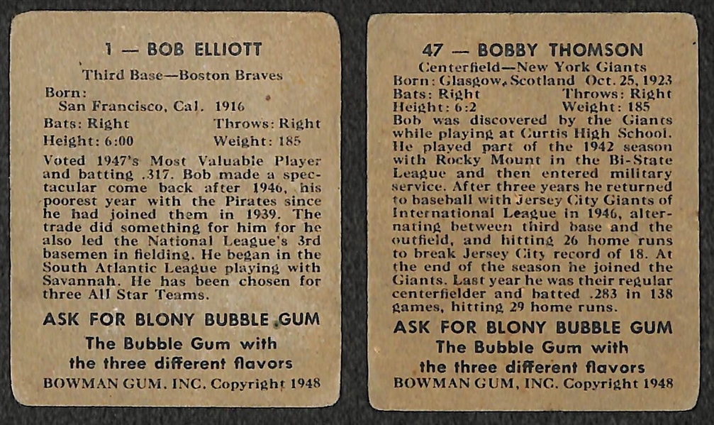 Lot of 2 - 1948 Bowman Baseball Cards - Bob Elliot & Bobby Thomson Rookie Card 