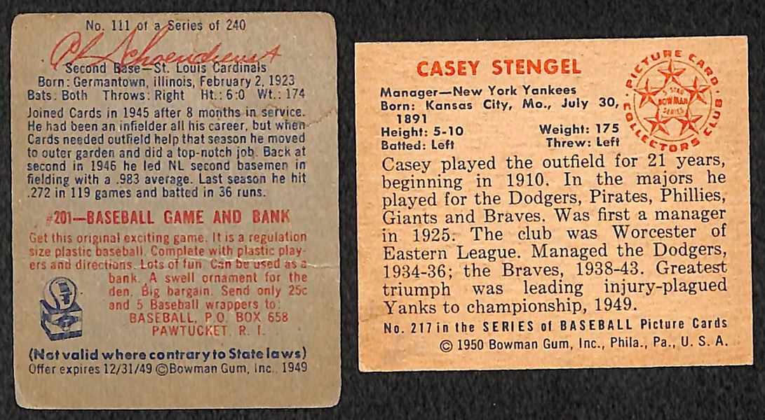 1949 Bowman Red Schoendienst & 1950 Bowman Casey Stengel