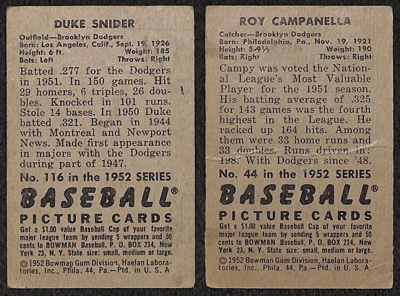 Lot of 2 - 1952 Bowman Baseball Cards - Duke Snider & Roy Campanella