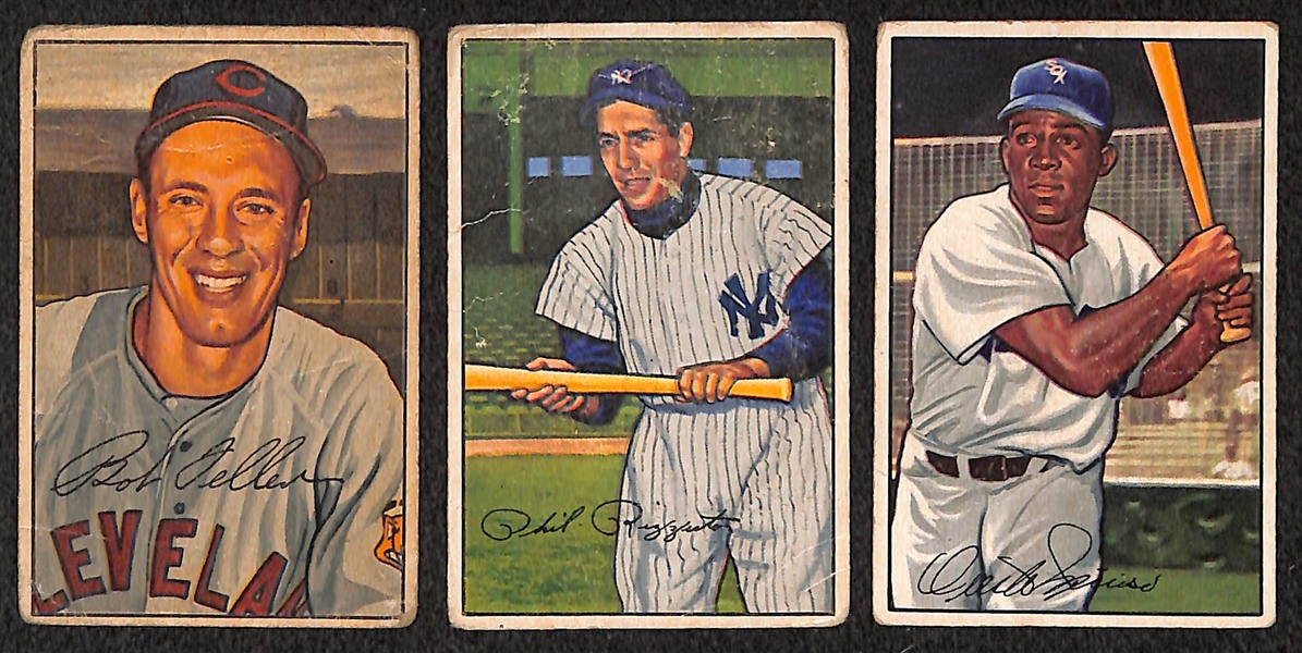 Lot of 3 - 1952 Bowman Baseball Cards - Feller, Rizzuto, & Minoso RC