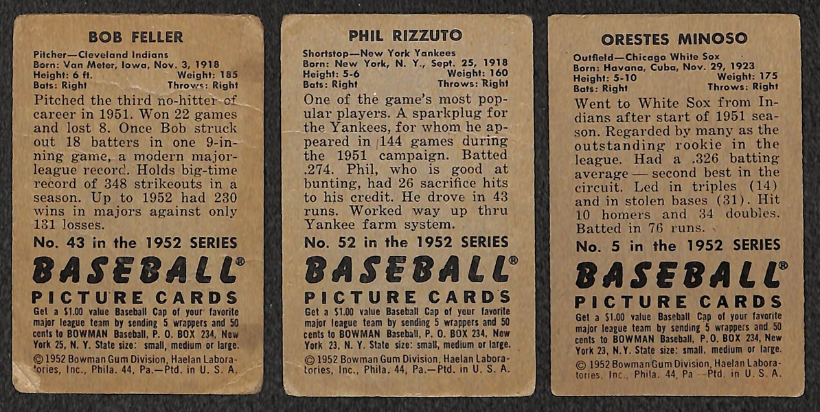 Lot of 3 - 1952 Bowman Baseball Cards - Feller, Rizzuto, & Minoso RC