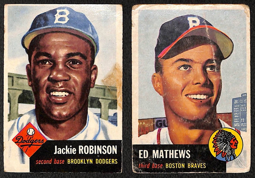 Lot of 4 - 1953 Topps Baseball Cards - J. Robinson, Ed Mathews, Berra & Bolling