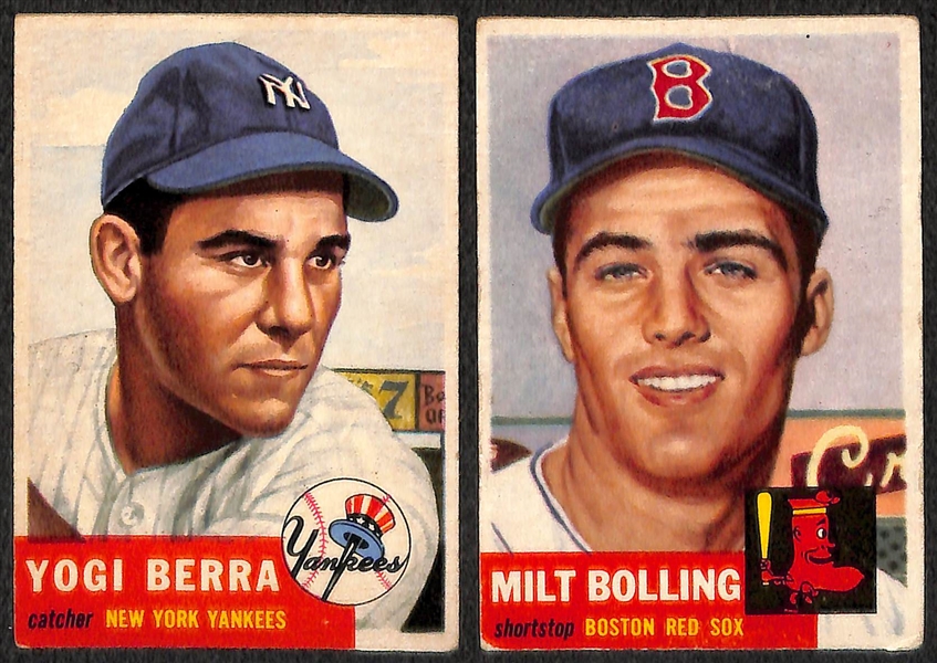 Lot of 4 - 1953 Topps Baseball Cards - J. Robinson, Ed Mathews, Berra & Bolling