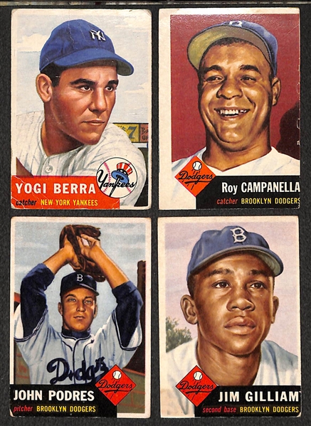Lot of 4 - 1953 Topps Baseball Cards - Berra, Campanella, Podres Rookie Card, & Gilliam Rookie Card