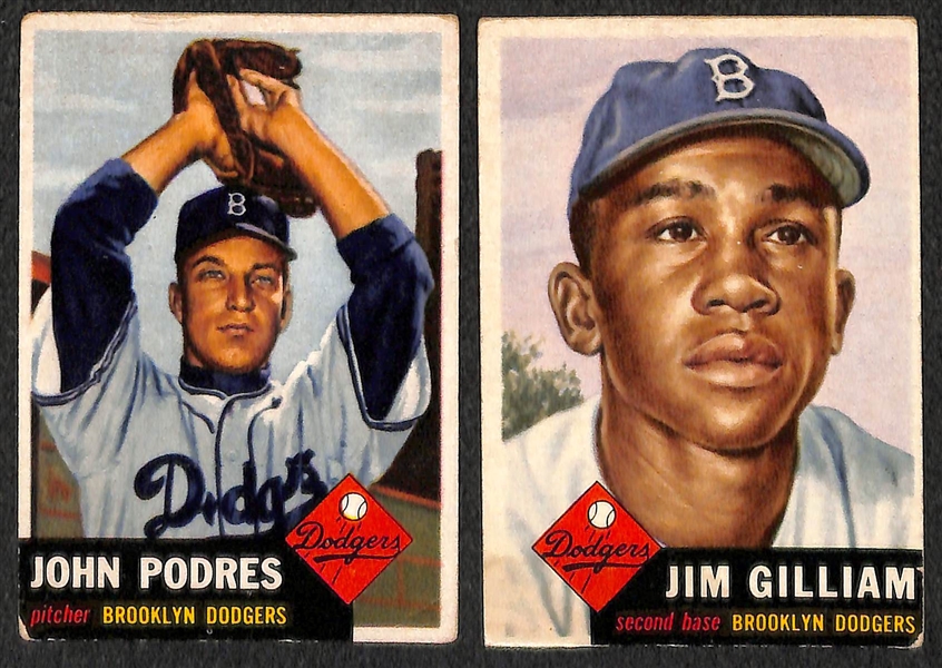 Lot of 4 - 1953 Topps Baseball Cards - Berra, Campanella, Podres Rookie Card, & Gilliam Rookie Card