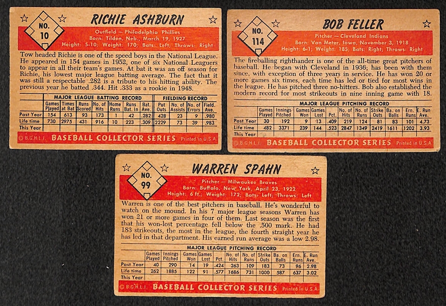 Lot of 3 - 1953 Bowman Baseball Cards - Feller, Ashburn, Spahn