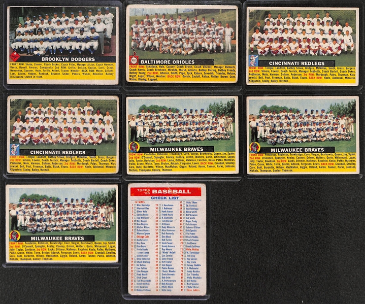 Lot of 8 - 1956 Topps Baseball Cards - 7 Team Cards w. Dodgers & 1st/3rd Checklist Card