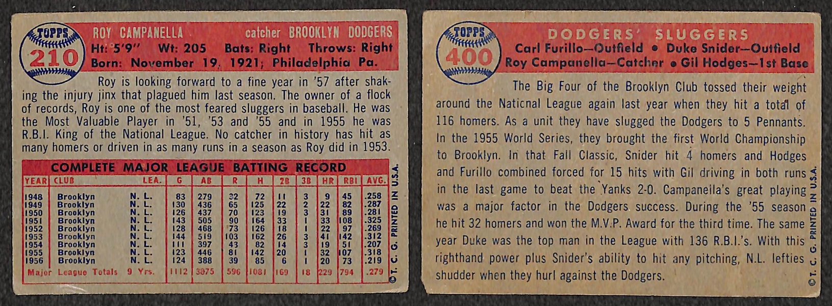Lot of 2 - 1957 Topps Baseball Roy Campanella & Dodgers Sluggers Baseball Cards