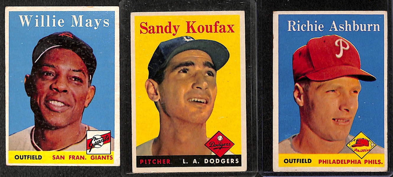 Lot of 3 - 1958 Topps Baseball Cards - Mays, Koufax, Ashburn