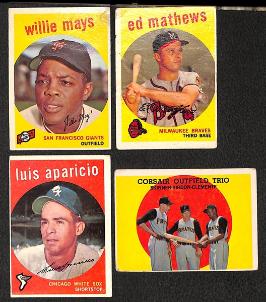 Lot of 4 - 1959 Topps Baseball Cards - Mays, Mathews, Aparicio, Carsair Trio