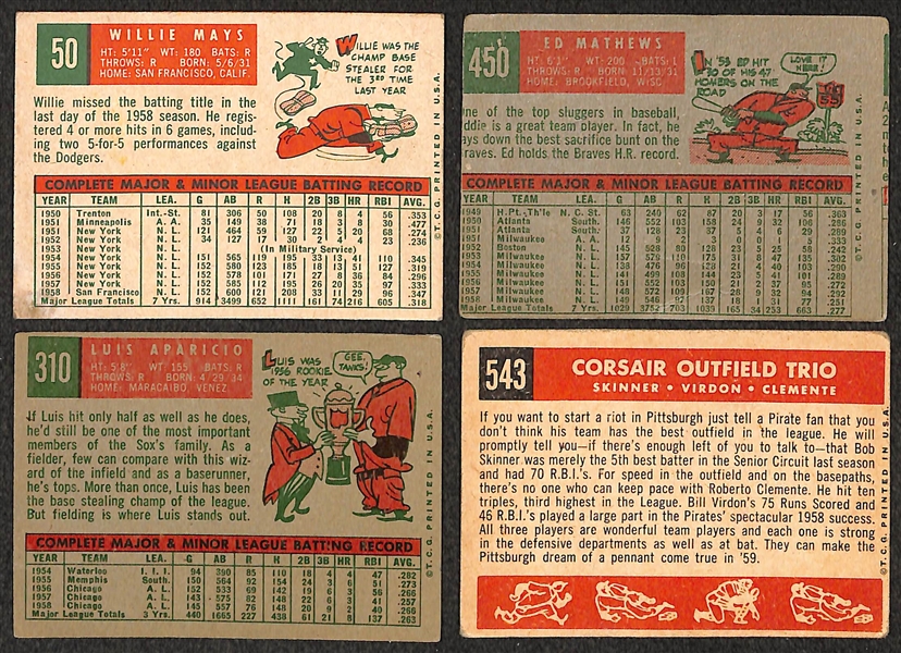 Lot of 4 - 1959 Topps Baseball Cards - Mays, Mathews, Aparicio, Carsair Trio