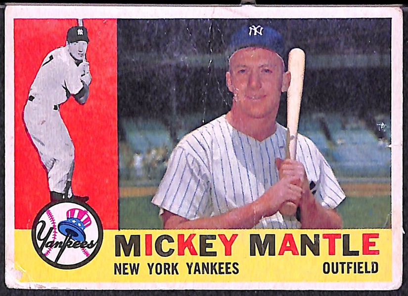 Lot of 2 - 1960 Topps Baseball Cards - Mickey Mantle & Roberto Clemente