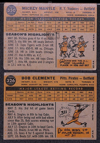 Lot of 2 - 1960 Topps Baseball Cards - Mickey Mantle & Roberto Clemente